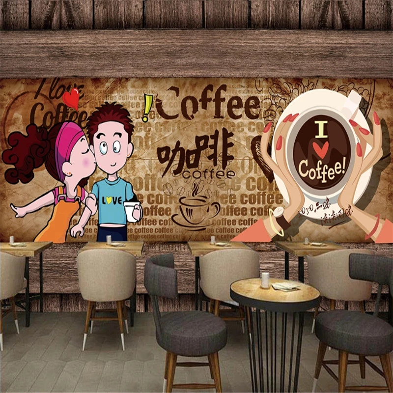 Retro Hand Drawn Cartoon Couple Wood Board Background Wall Paper 3d Coffee Shop Industrial Decor Wallpaper Cafe Papel De Parede Wallpapers Aliexpress