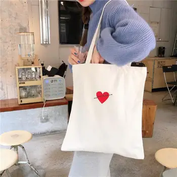 

Elegant Love Heart Printing Shopping Tote Bags Creative Simple White Shoulder Bags Durable Casual Canvas Handbags