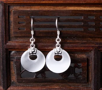 

Real S925 Silver Dangle Earrings For Women White and Black Cat's Eye Quartz New Earrings Drop