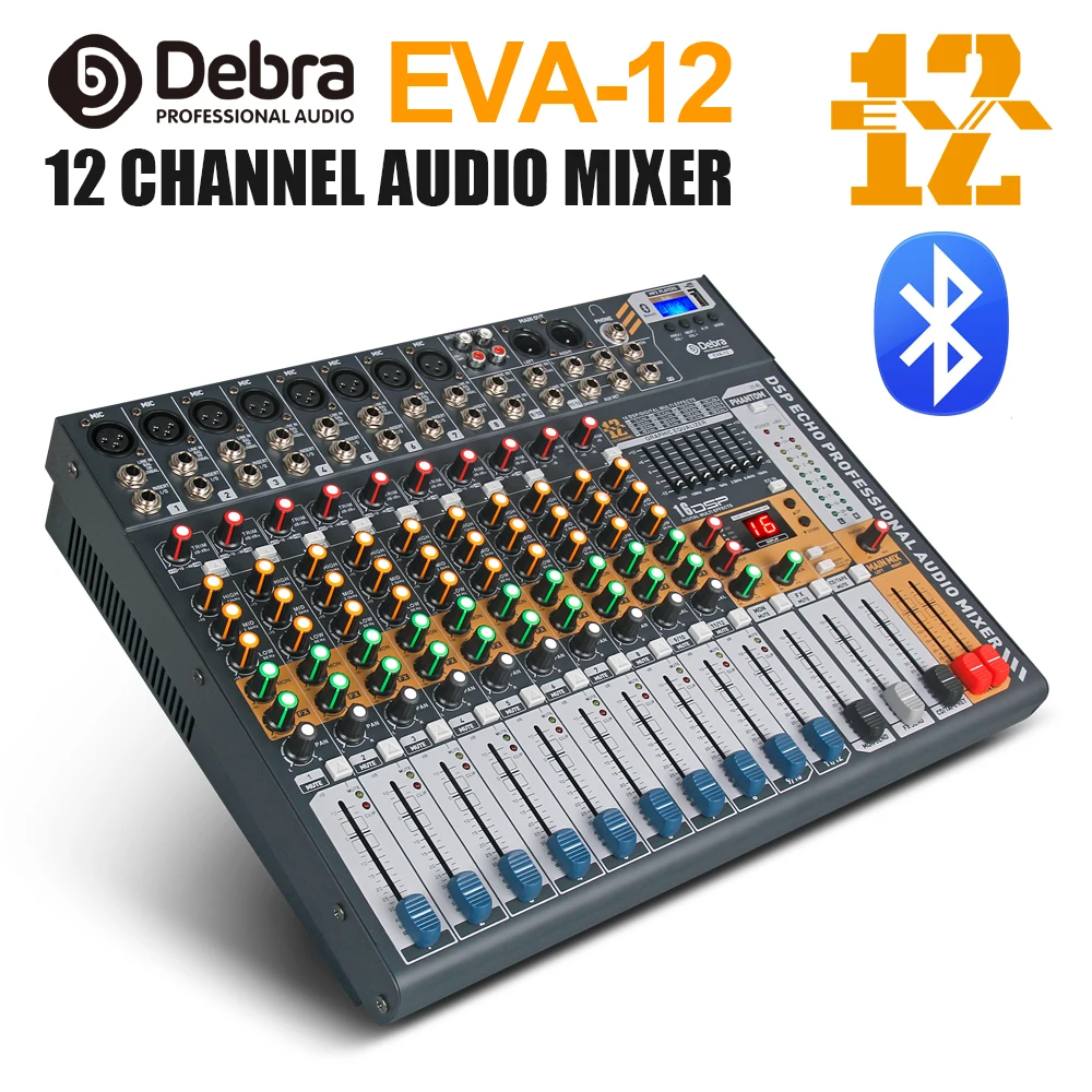 Дебра аудио чистый звук! Pro EVA-12 12 Каналы аудио dj микшер утешителя с 48В Мощность, включающим в себя гарнитуру блютус и флеш-накопитель USB для Запись этап