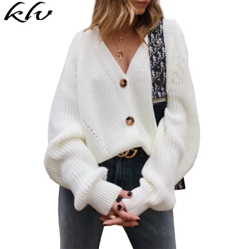 

2019 Autumn Women Ladies V Neck Cardigan Loose Sweater Short Coat Knitted Sweater Solid Oversized Button Knitwear