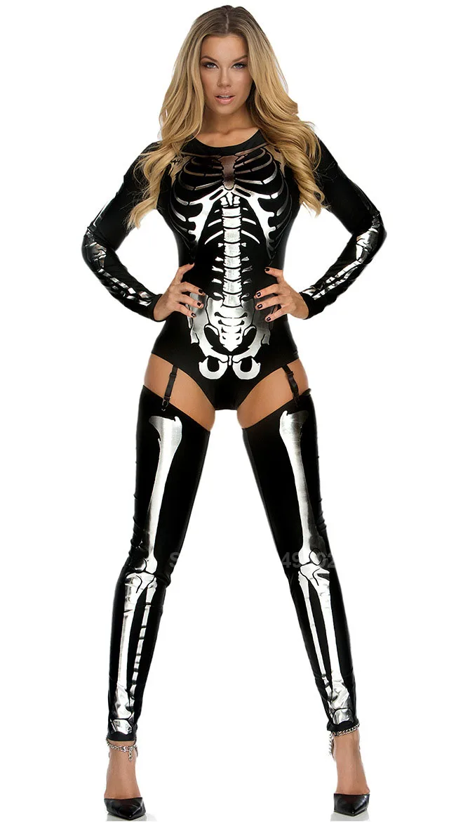 Женский костюм для косплея на Хэллоуин с принтом «призрак скелета»; сексуальный костюм для маскарада; костюм королевы ужасов; подвязки на подвязках; чулки - Цвет: Black Silver