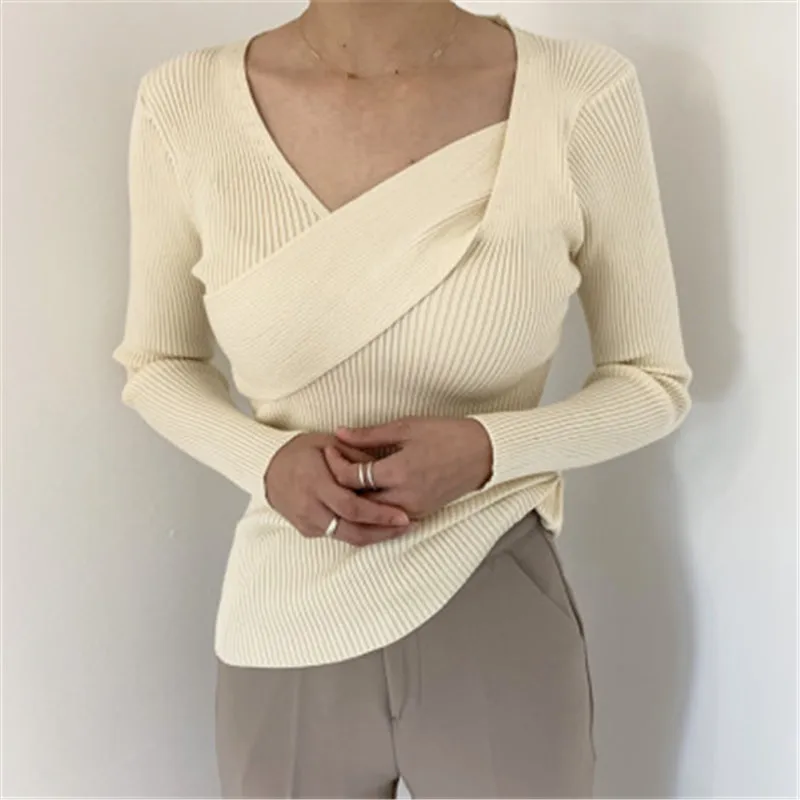 

Chic Basic Simple Solid Elegant Fashion Knitted Pullovers for Ladies Elastic Fitted Bodycon Sweaters V-neck Sexy All-match Top