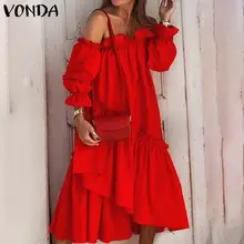VONDA-vestido plisado de encaje con hombros descubiertos para mujer, vestido Sexy de manga larga con dobladillo Irregular, vestido bohemio largo por debajo de la rodilla, 2021