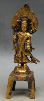 

p6595 8" Old Chinese Buddhist Bronze 24K Gold Stand Kwan-yin Guan Yin Goddess Statue