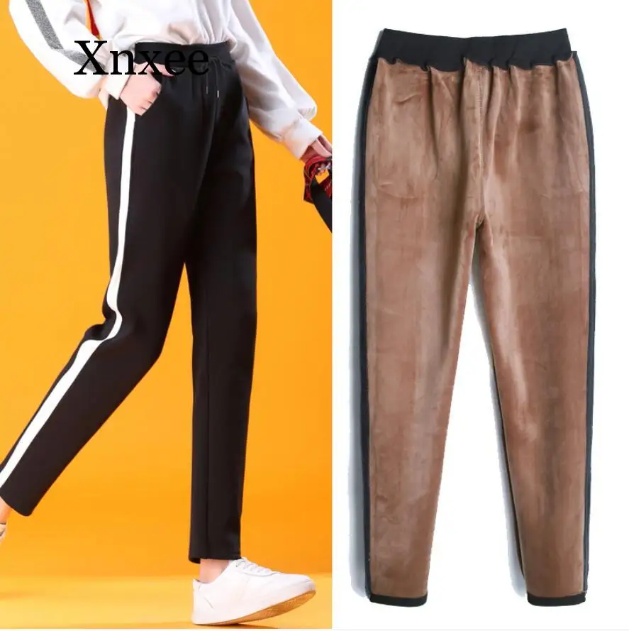

Winter Thick Velvet Women Stretch Mid Waist Side Stripes Sporting Fitness Harem Pants Warm Long Trousers Plus Size S-5L harem