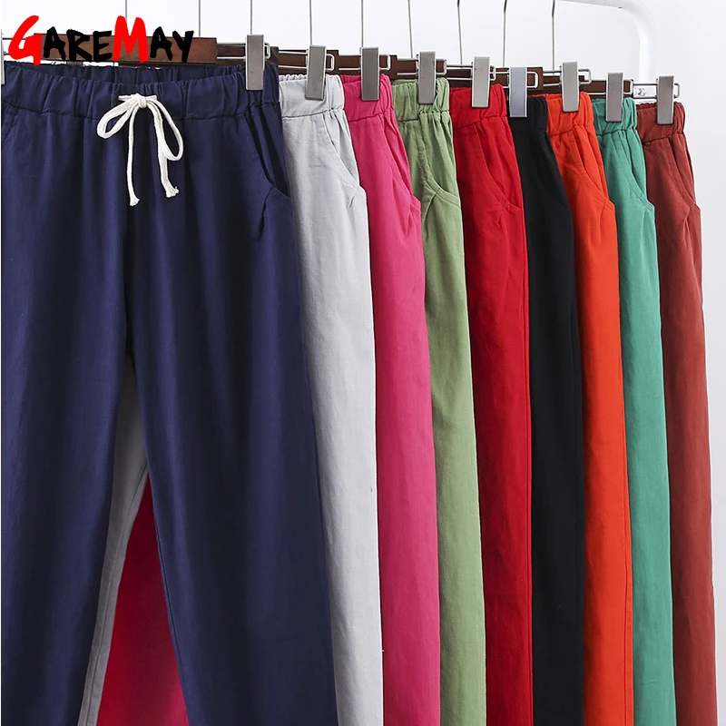 Cotton Linen Pants Women Trousers Garemay Plus-Size Summer Capri Loose Casual Solid 