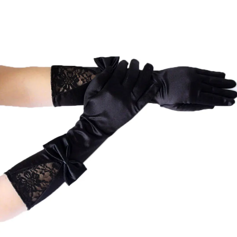 Women Winter Black Lace Patchwork Satin Gloves With Bowknot Sexy Clubwear Party Dance Performance Gloves Accessories
