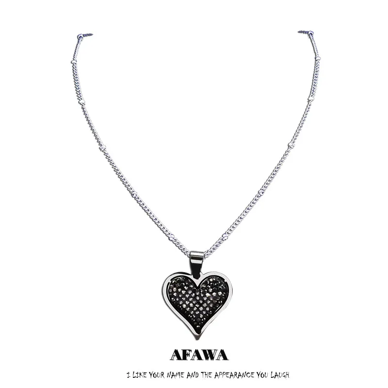 Heart Black Crystal Stainless Steel Pendant Necklace Women Silver Color