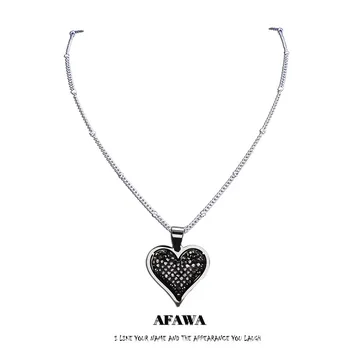 Heart Black Crystal Stainless Steel Pendant Necklace Women Silver Color