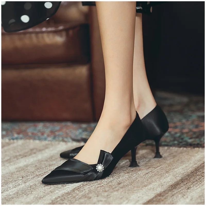 

French High Heels Womens Autumn New Style Satin Pointed Toe Thin Heel Single Shoes Wedding Shoes