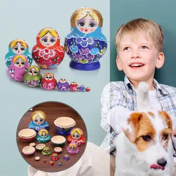 

10pcs Wooden Russian Hand Painted Nesting Dolls Braid Girl Traditional Matryoshka Dolls Toy Gift
