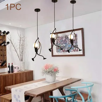 

Dining Room Home Decor Cartoon LED Pendant Light Adjustable Height Little People Hanging Lamp Art Restaurant Iron Vintage Cafe
