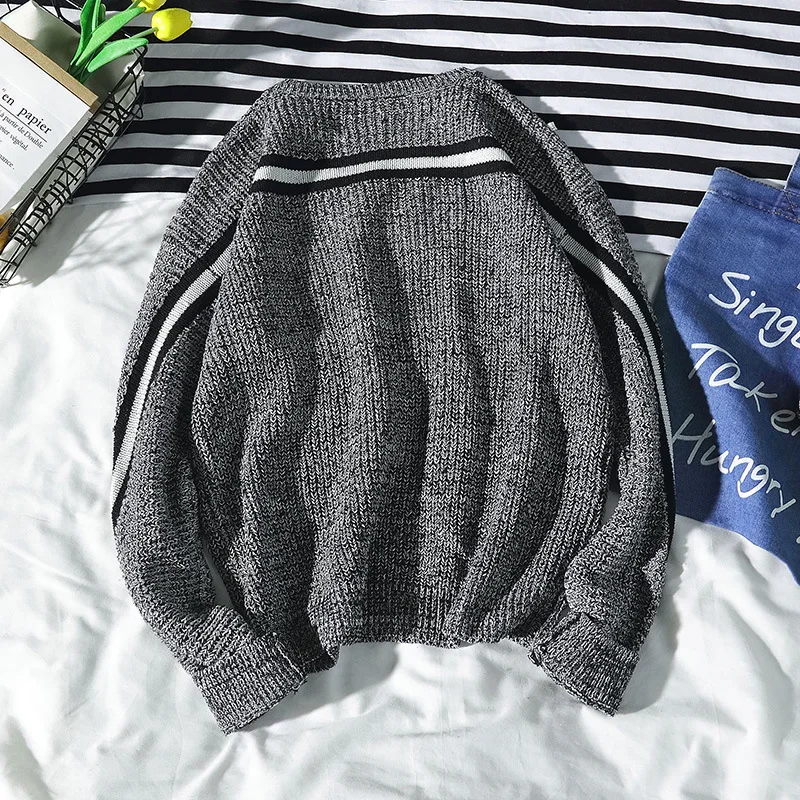 Winter Sweater Men's Fashion Stripe Matching Knitted Sweater Pullover Round Collar Casual Popular Sweater