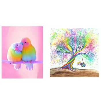 

2 Set 5D Diy Diamond Painting Cross Stitch "Painted Swing Tree" 3D Diamond Embroidery Decor - 30X30Cm & 30X40Cm