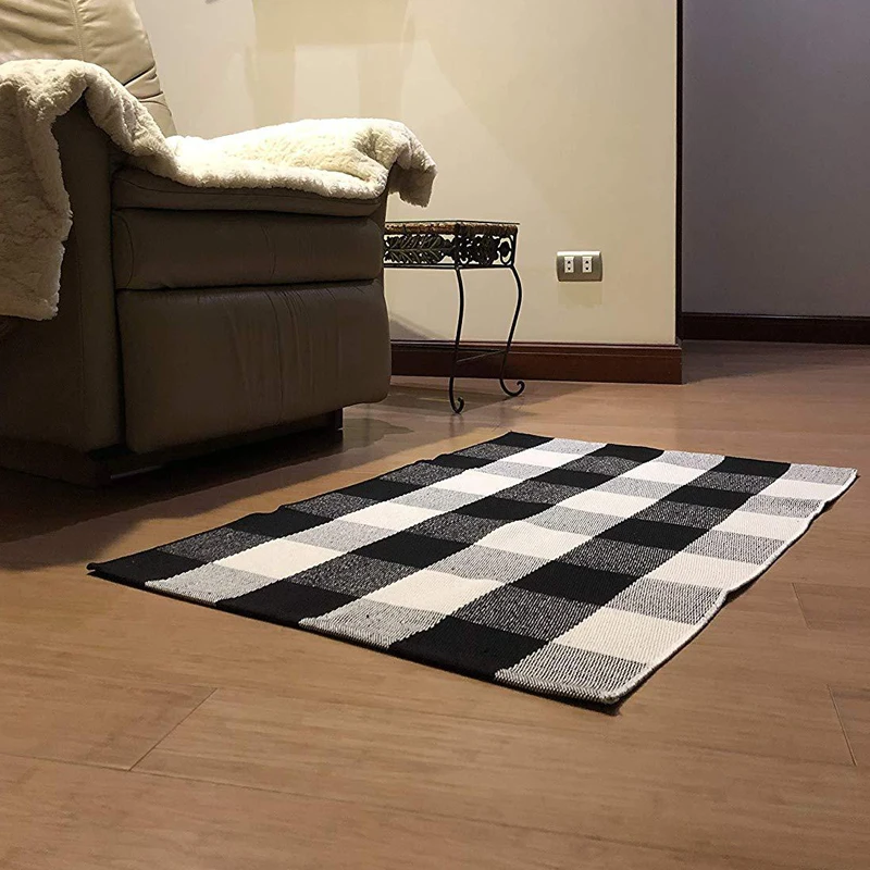 Black and white plai Хлопковый решетчатый черный и белый решетчатый напольный коврик, коврик для кухни, ванной комнаты, для улицы, для крыльца, для стирки, тканый ковер для гостиной - Цвет: Black and white plai