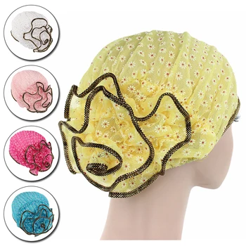 

2020 Muslim Fashion Women's Printed Lace Hijabs Headscarf Pile Heap Cap Women Able Caps Flower Turban Hat