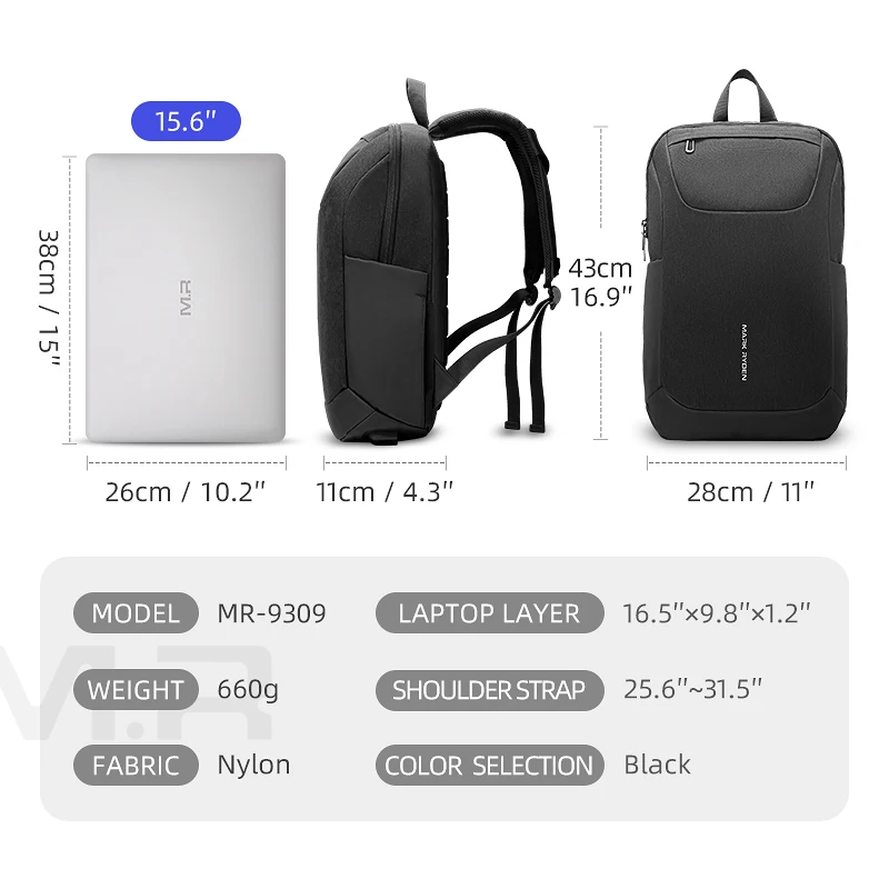 Mark Ryden 2021 New USB Free Charging Men Backpack 15.6 Inch Laptop Bag Two Side Pocket Water Resistant Men Backpack