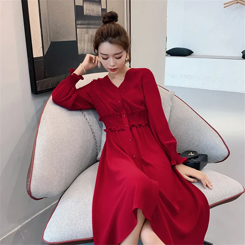Lady Ruffle Shirt Dress Plus Size M-4xl Casual A-line Slim Waist V-neck Long Sleeve Dress Women Spring Fashion Party Vestitos