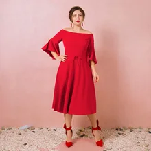 Новинка, простое платье с открытыми плечами для выпускного вечера, вечерние платья длиной до середины голени, рукава средней длины, с поясом, на молнии