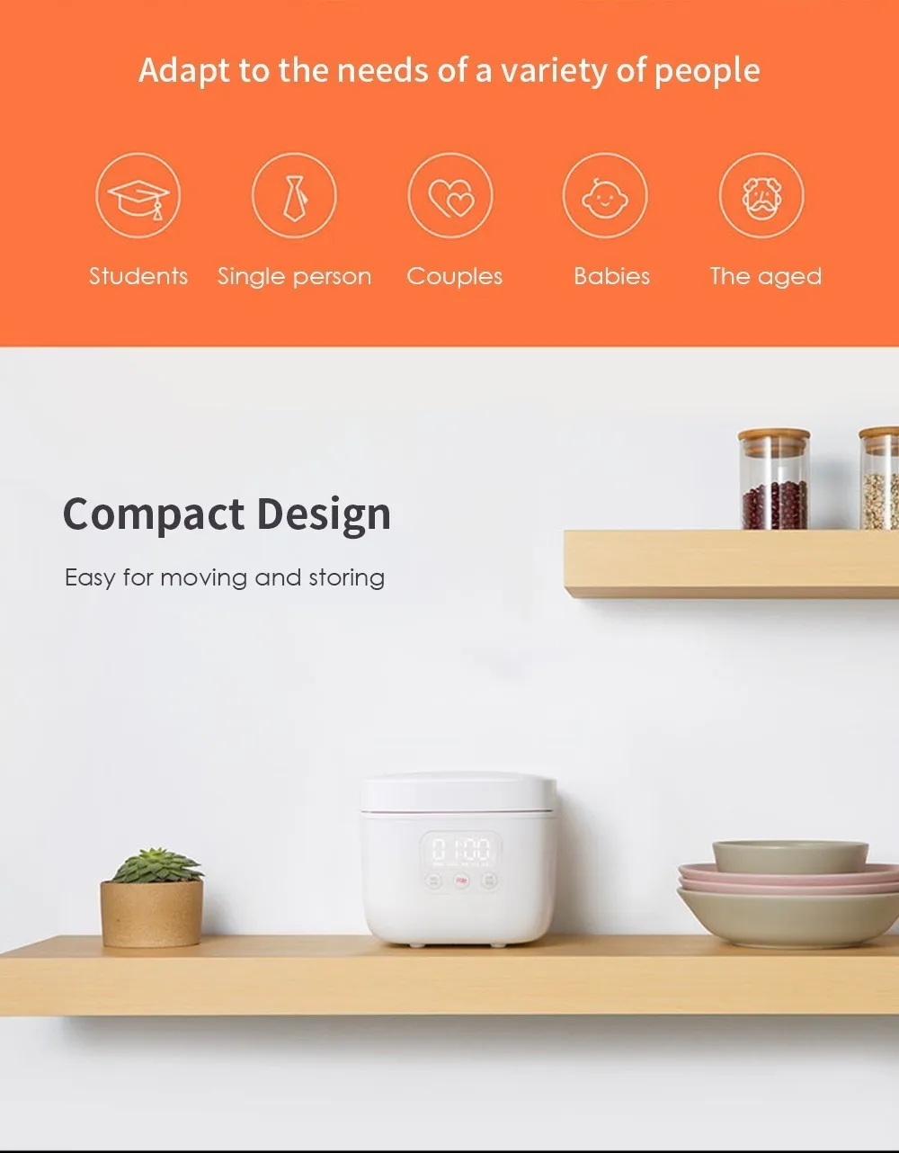 Xiaomi Mijia 1.6L электрическая рисоварка, кухонная мини-плита, маленькая рисоварка, интеллектуальное назначение, светодиодный дисплей