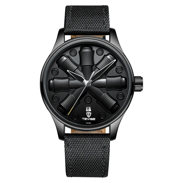TEVISE Tourbillion модные спортивные мужские автоматические механические часы, уникальные креативные часы с кожаным ремешком, водонепроницаемые часы с календарем - Цвет: Черный