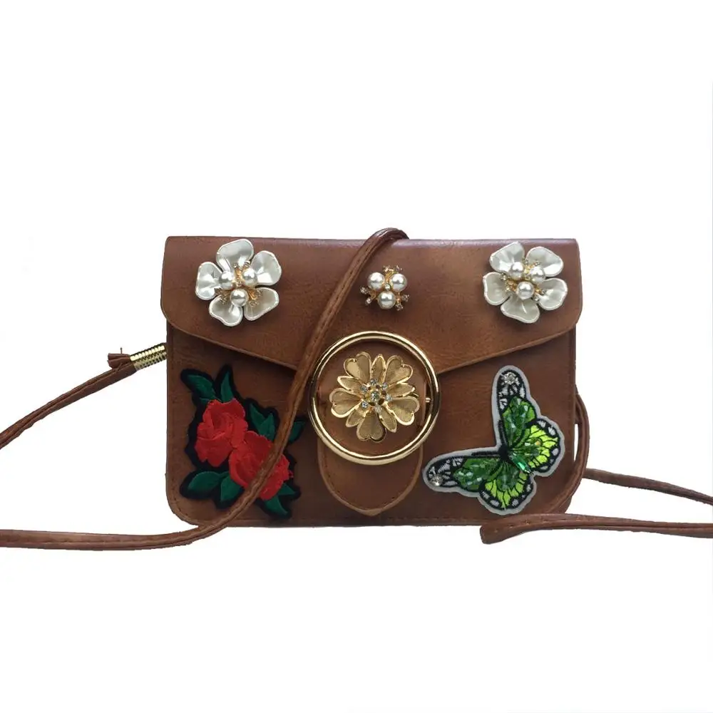 

ladies Butterfly embroidered diamond pearl flower mobile phone bag female leisure chain leather bag Messenger small square bag