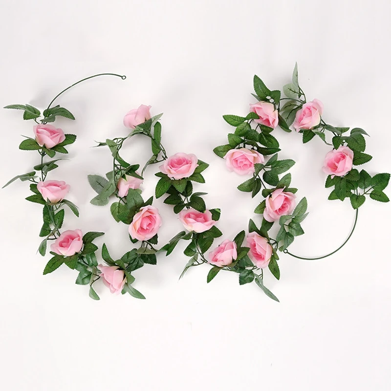 2,4 м шелковые искусственные розы, цветы, гирлянда из ротанга, Виноградная лоза с зелеными листьями для дома, свадьбы, сада, украшение, подвесная гирлянда, настенная - Цвет: Розовый