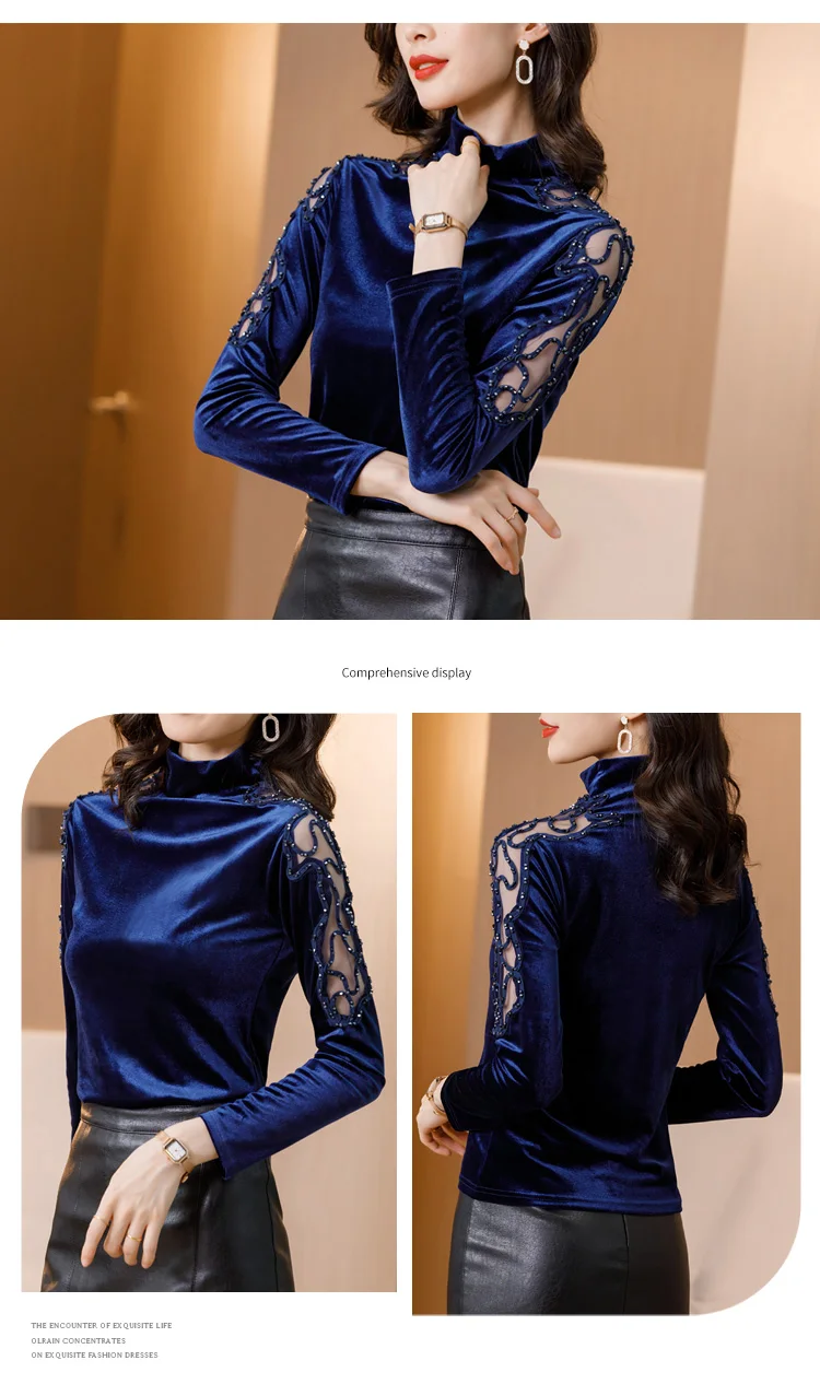 New 2020 Autumn winter woman tshirts Korean fashion slim high neck velvet t-shirt embroidered long sleeve bottoming shirt
