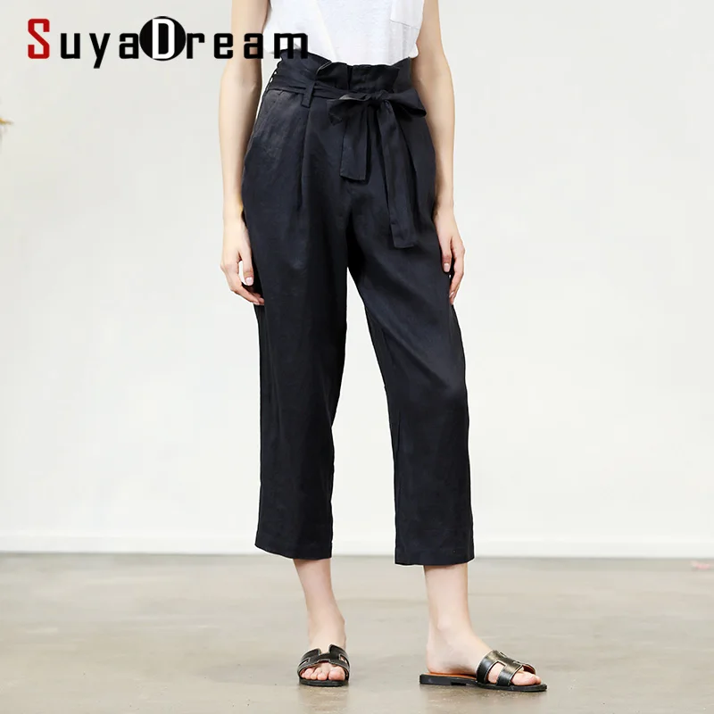 SUYADREAM Women Pants 100%Linen Solid High Waisted OL Ankle-Length 2020 Office Lady Spring Summer Trousers | Женская одежда