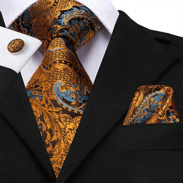 Hi-Tie 100% Silk Luxury Mens Ties Floral Black Gold Ties Paisley NeckTie Pocket Square Cufflinks Set Men's Wedding Party Tie 1