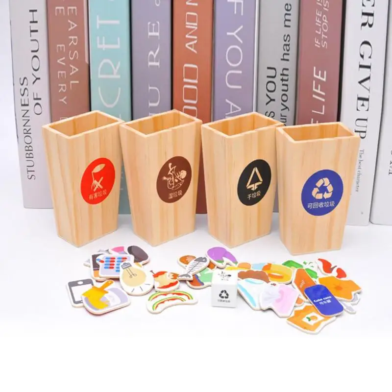  Wooden Garbage Sorting Toys Mini Trash Cans Rubbish Classification Cards Game Classroom Early Educa - 4000163705008