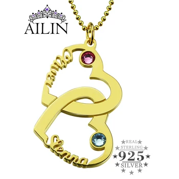 

AILIN Couples Heart Name Necklace Gold Color Vertical Double Hearts Personalized Name Necklace Mom Heart Birthstone Necklace