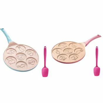 

2Pcs 7 Holes Pancake Mold Non-Stick Griddle Maker Animal Face Pancake Steak Egg with Silicone Spatula - Pink & Blue
