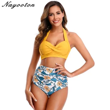 

Women Vintage Swimsuit Two Piece Retro Halter Ruched High Waist Print Bikini Set 2020 Summer Bathing suit