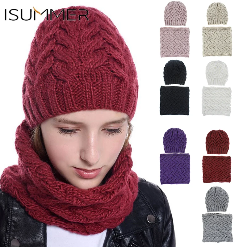

New Knit Hat Scarf Set Europe America Winter Ladies Hat Twist Braided Wool Hat When Warm Round Collar Czapka Szalik