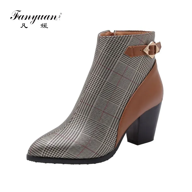 

fanyuan New Fashion Ankle Boots Pointed Toe Buckle Shoes Woman Casual Party Mixed Color High Heels Boots Plus Size 32-46
