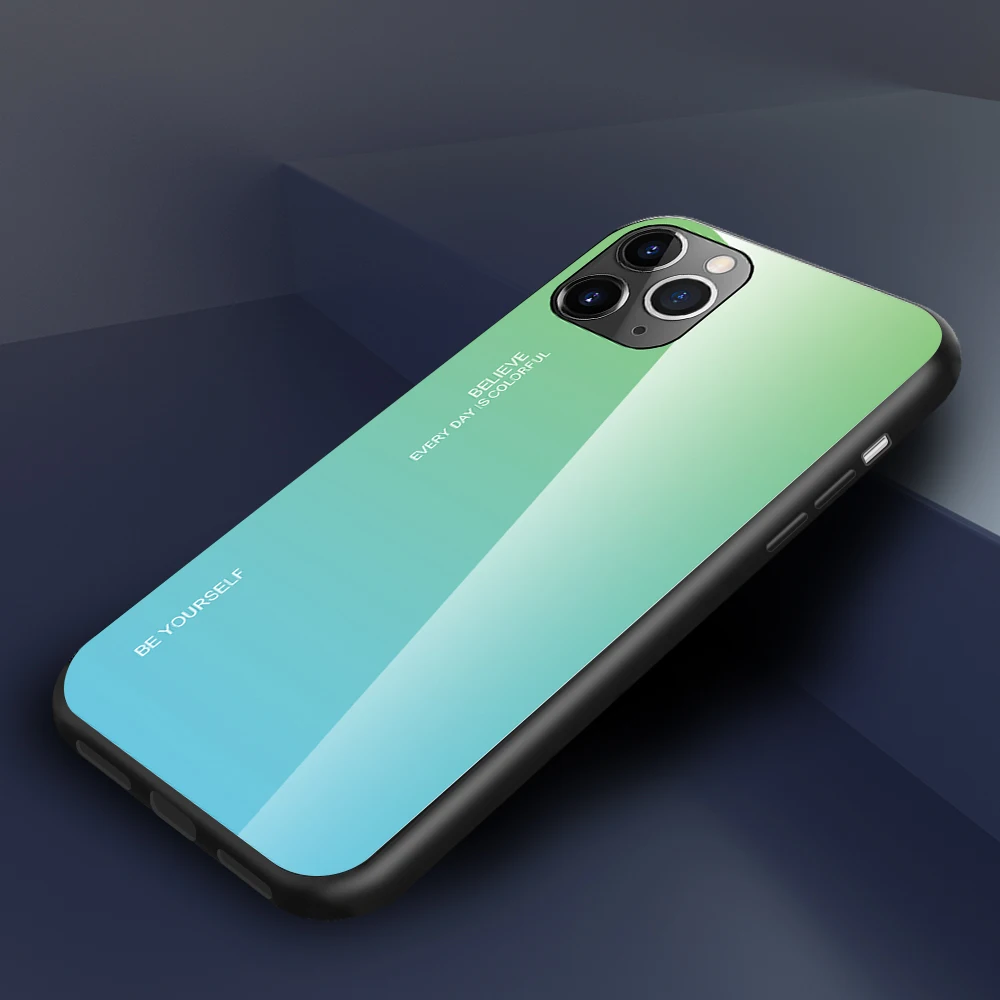 Градиентный чехол для телефона из закаленного стекла для iPhone 11 Pro Max 6,1 5,8 6,5 X XS Max XR модный жесткий чехол с задней и мягкой кромкой - Цвет: Green