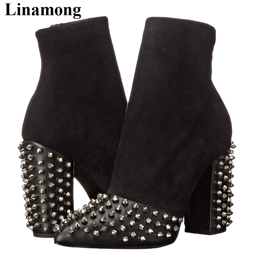 

Top Sale Fashion Women Boots Side Zipper Square Heel Point Toe Rivet Decoration Black Women Shoes Hottest Women Boots