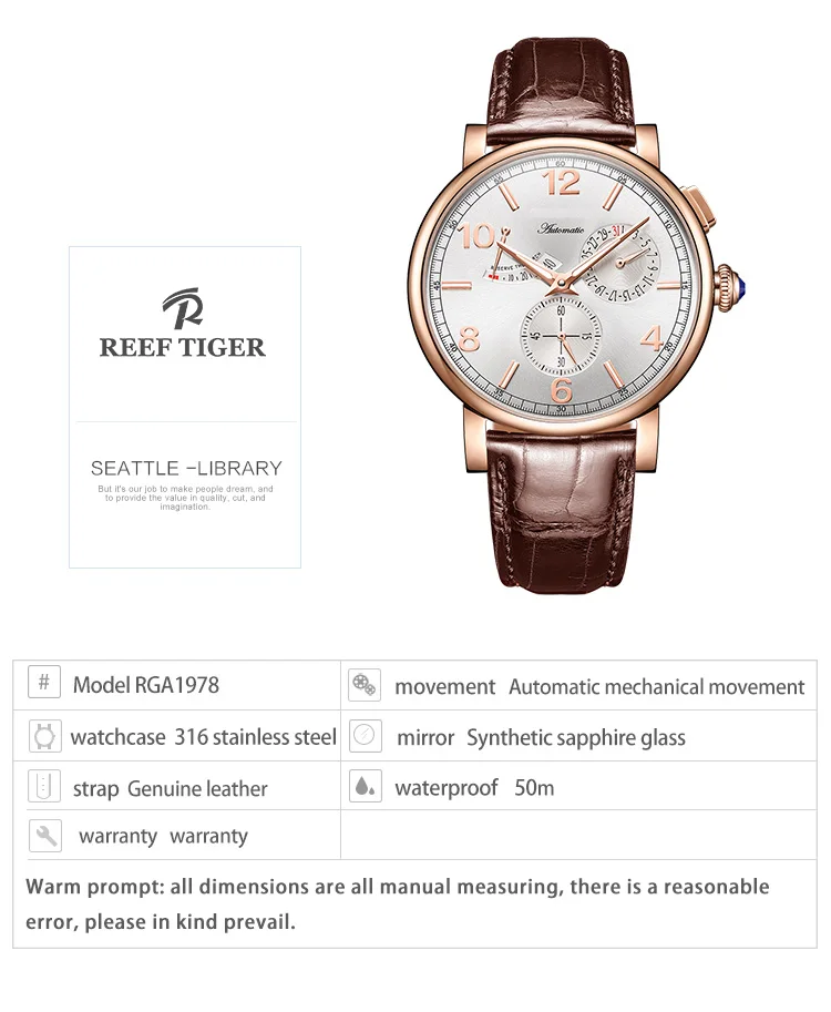 Reef Tiger/RT роскошный мужской кожаный ремешок, календарь, корпус из розового золота, подлинные аналоговые автоматические часы rga