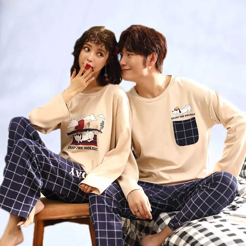 

2019 New Spring 100% Pajamas Set Cute Cartoon O-neck Long Sleeve Cotton Couple Pyjama Winter Pajama For Men And Women shein