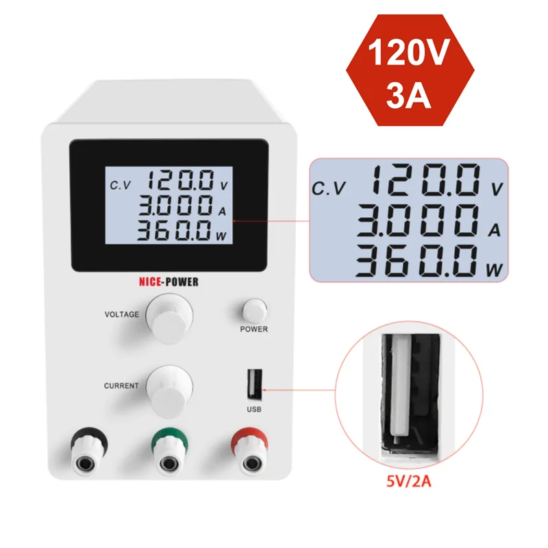 

Adjustable LCD Screen DC Power Supply Eye Protection Digital Voltage Regulated Bench Power Source 120V 3A Power Supply Regulable