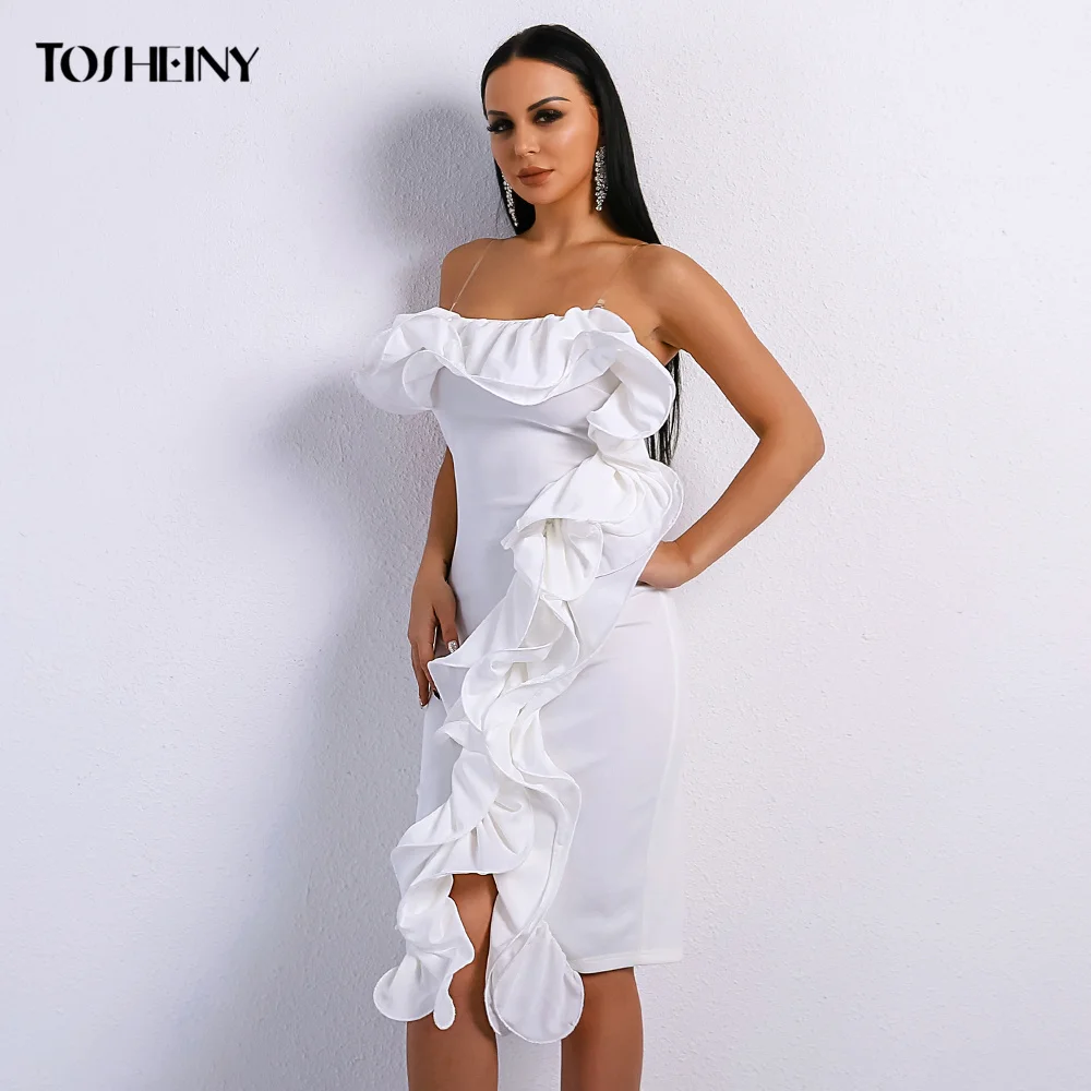 Tosheiny, сексуальное платье миди без бретелек с оборками, одноцветное, с открытой спиной, элегантное, до колен, женское платье, Vestidos TH9078