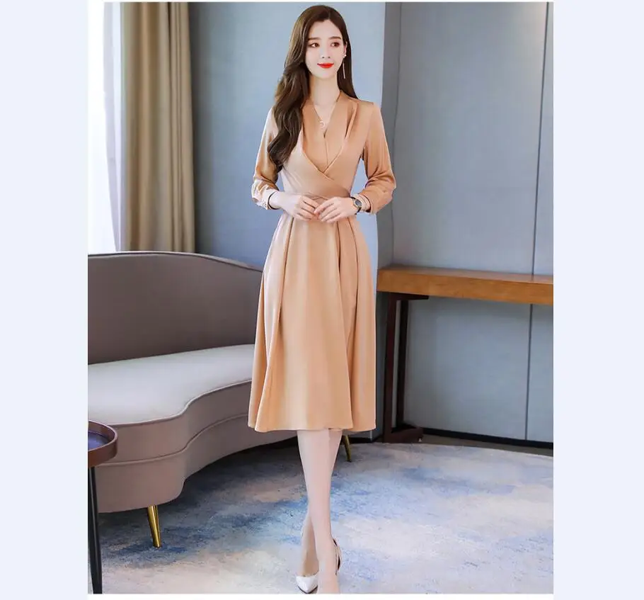 Элегантное женское шелковое платье осень с длинным рукавом с v-образным вырезом платья модные однотонные Вечерние шелковые платья