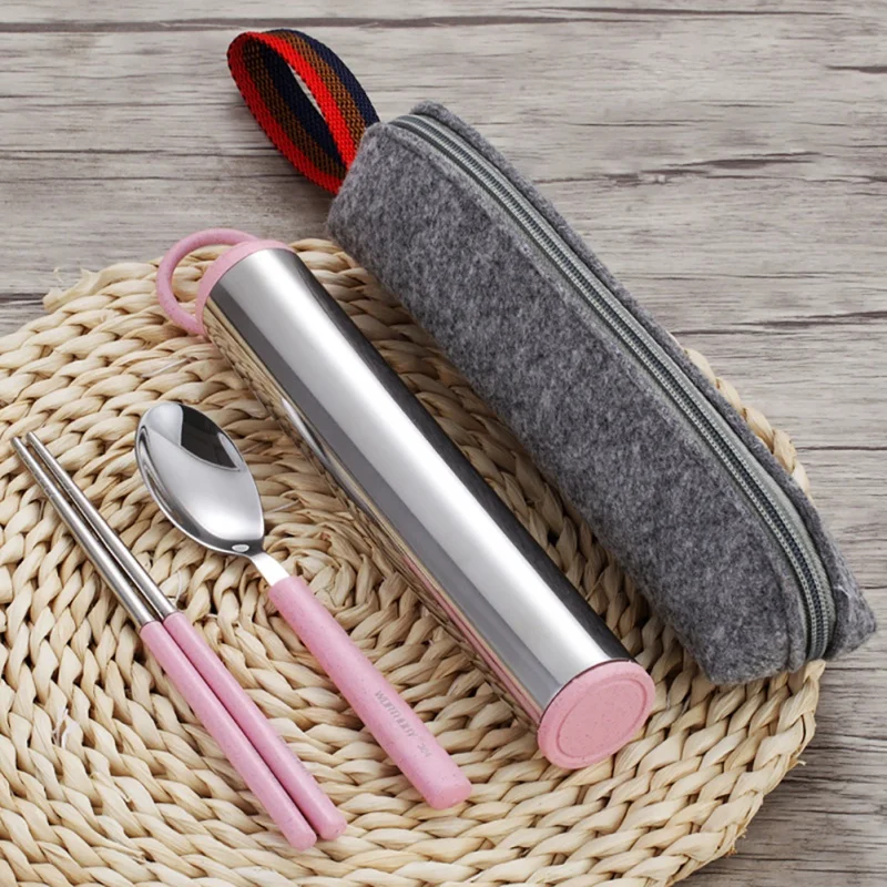 304 Stainless Steel Tableware Set Portable Wheat Straw Cutlery Set With Storage Pack Chopsticks Spoon Fork Set