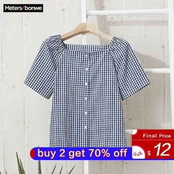 

Metersbonwe Women Plaid Blouses New Fashion Short Sleeves Loose Sweet Girls Student Official Blouse Shirt Casual Tops