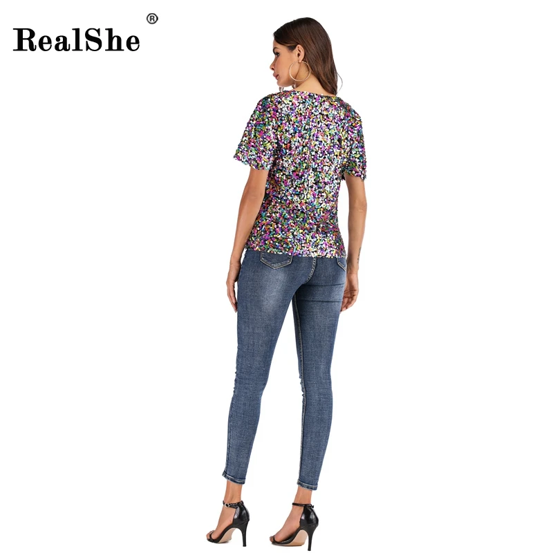 RealShe женские футболки с круглым вырезом и коротким рукавом, женская футболка с блестками, Осень-зима, Повседневные Вечерние женские футболки