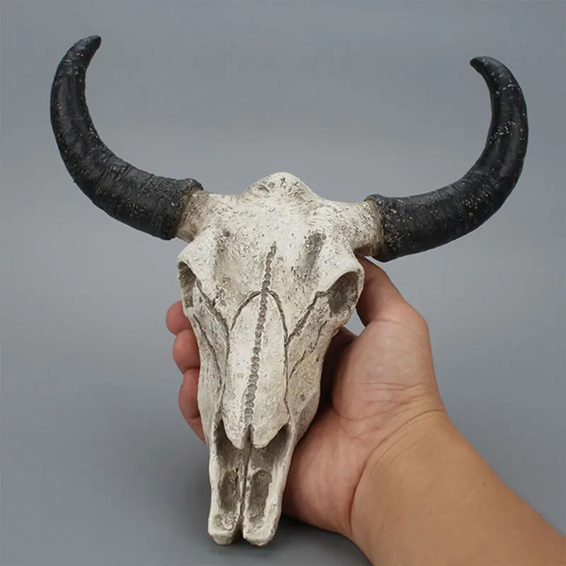 Resin Longhorn Cow Skull Head Wall Hanging Animal Sculpture Crafts Horns Decor 