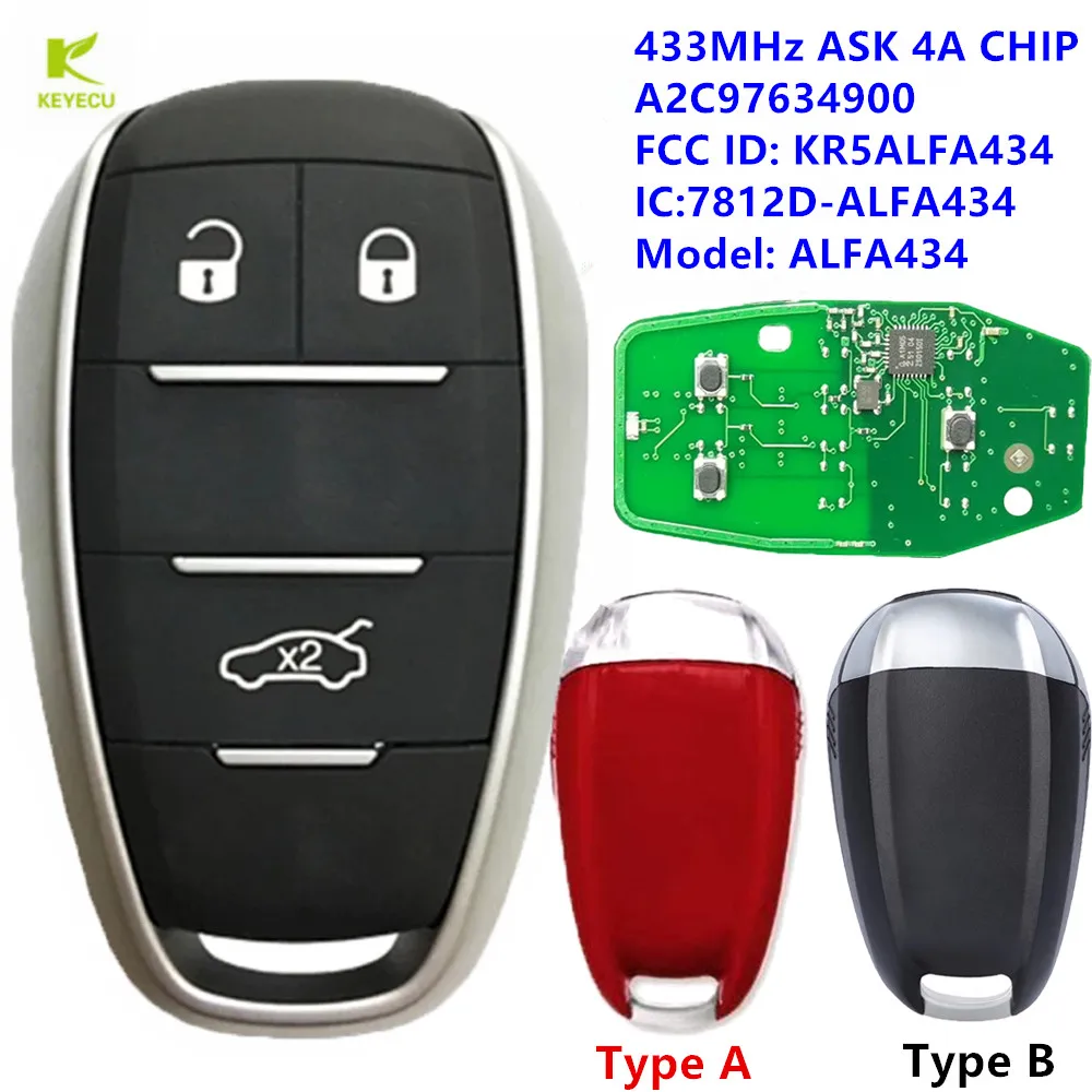 Запасной БЕСКЛЮЧЕВОЙ дистанционный смарт-ключ KEYECU 433 МГц 4A чип для Alfa Romeo Giulia Stelvio