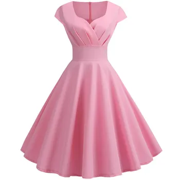 

Pink Summer Dress Women 2019 V Neck Big Swing Vintage Dress Robe Femme Elegant Retro pin up Party Office Midi Dresses Plus Size